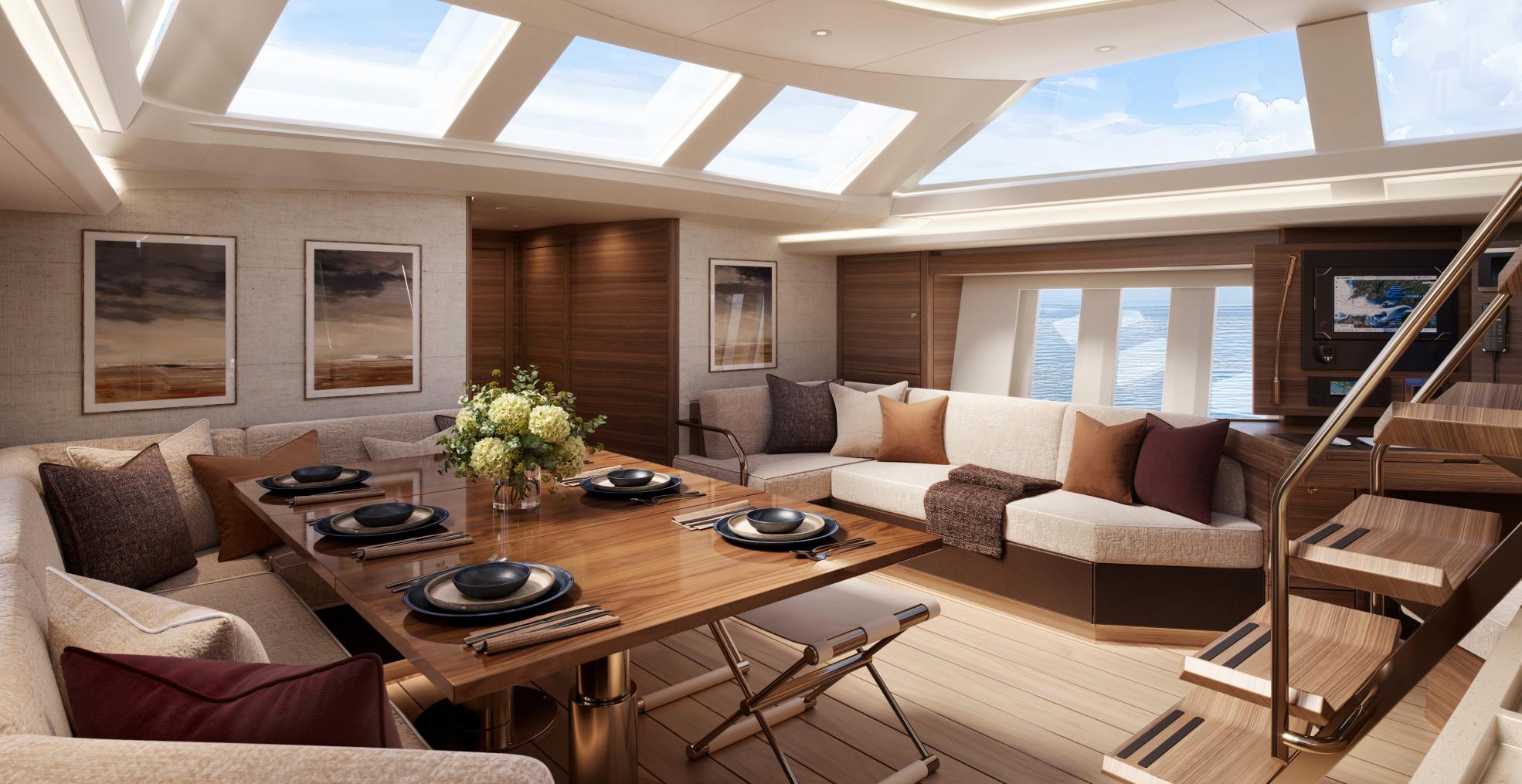 luxury walnut interior 60ft Oyster sailing yacht saloon