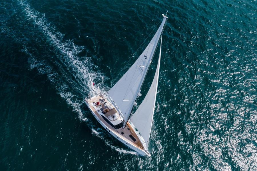 Oyster 565 cruising from above