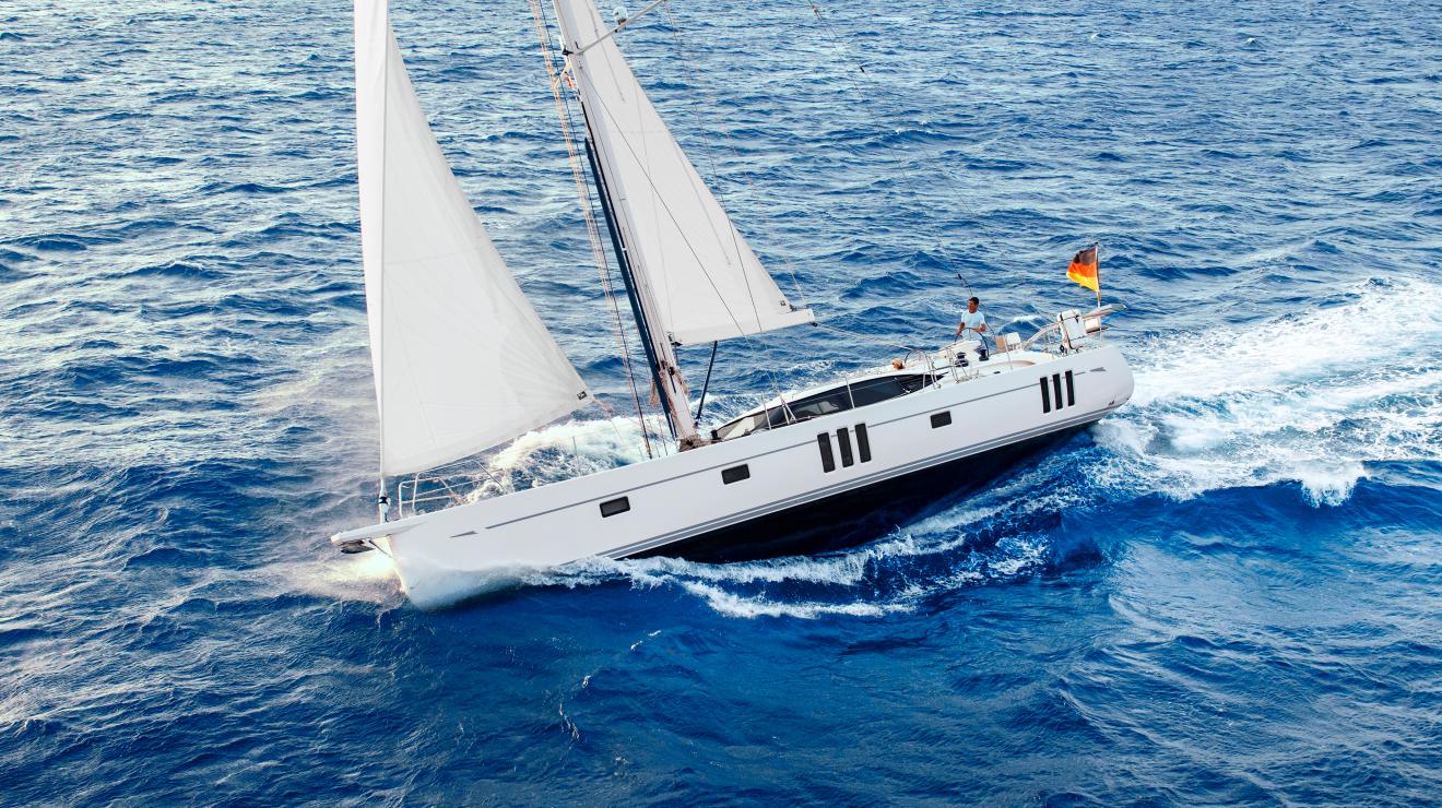 Oyster 565 sailing yacht at sea in med