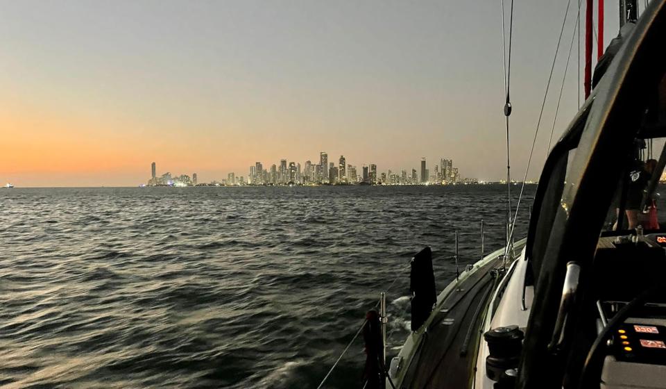 Oyster 725 Intrepid sailing towards Cartagena sunset time