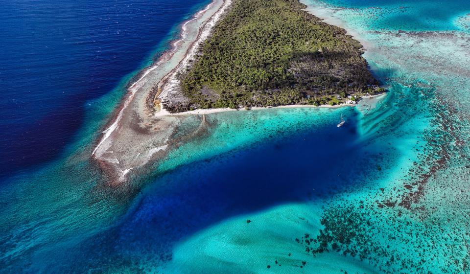 Oyster yacht in Tuamotus drone shot