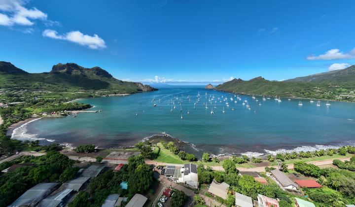 Aerial view of yachts at anchor Nuku Hiva