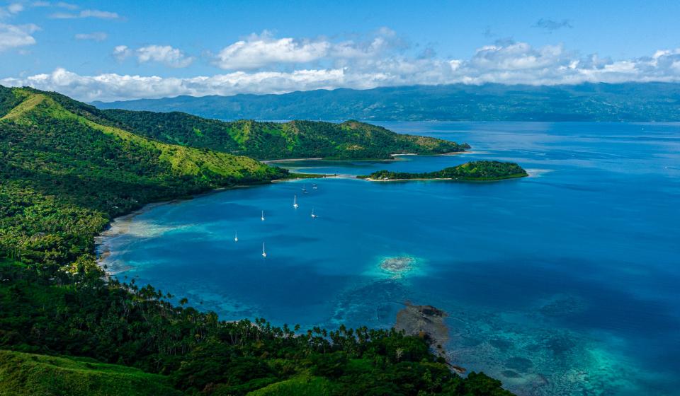 Aerial view oyster yachts at anchor Fiji islands