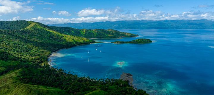 Aerial view oyster yachts at anchor Fiji islands