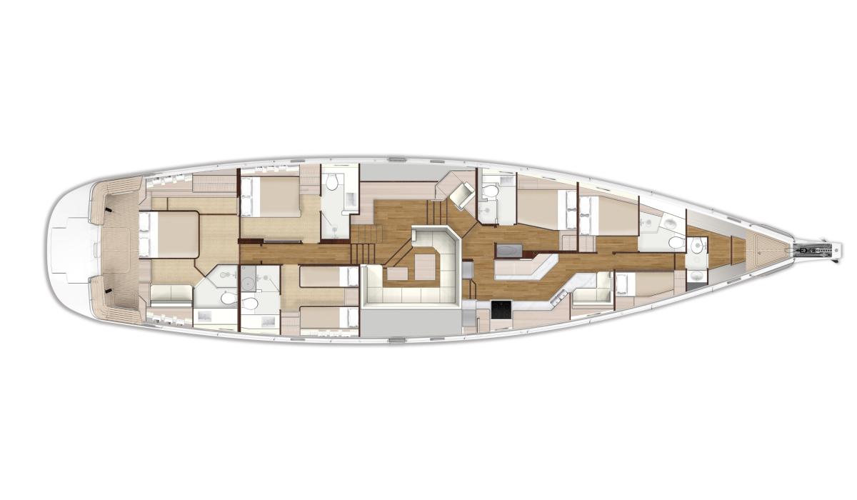Aft port convertible cabin arrangement. Bulkhead closed guest cabin configuration