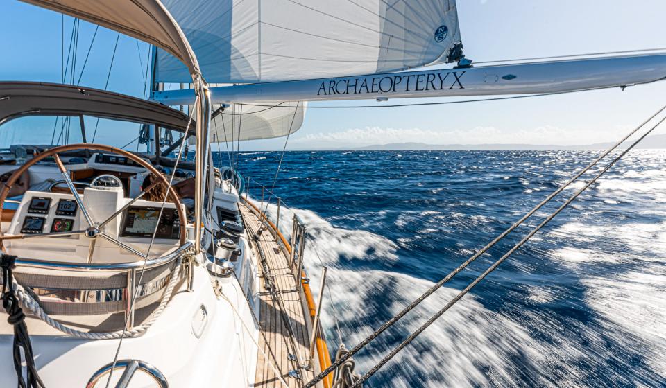 Archaeopteryx Oyster 66 sailing boom