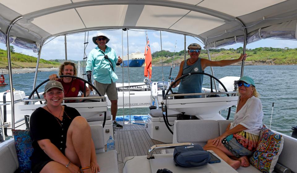 Crew on board Oyster 565 Babe in Shelter Bay Panama Canal
