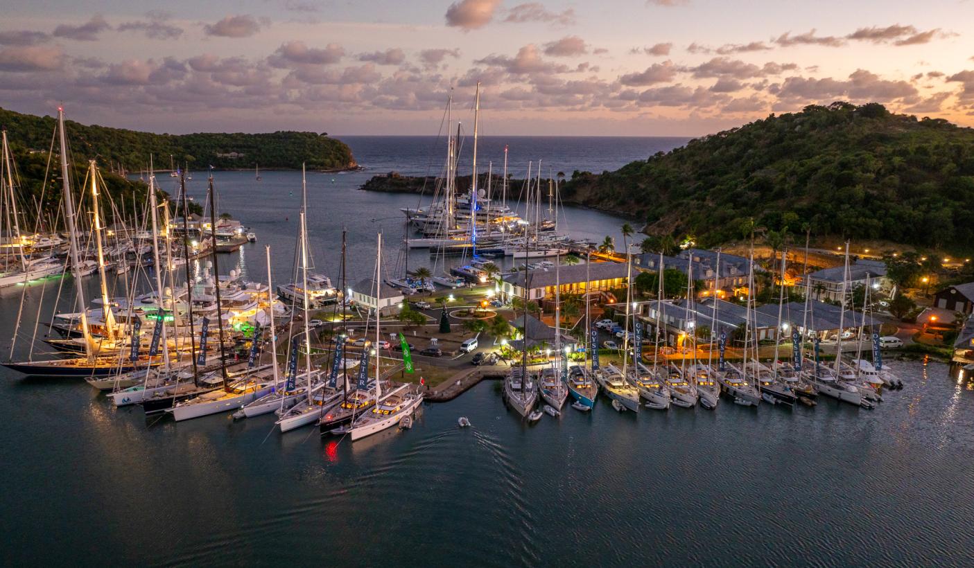 Evening drone shot of Oyster Yachts at Nelsons Dockyard Antigua