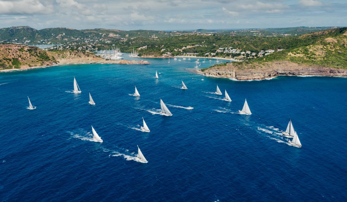 Oyster Yachts Oyster World Rally 2024-25 Fleet Leaving Nelson's Dockyard
