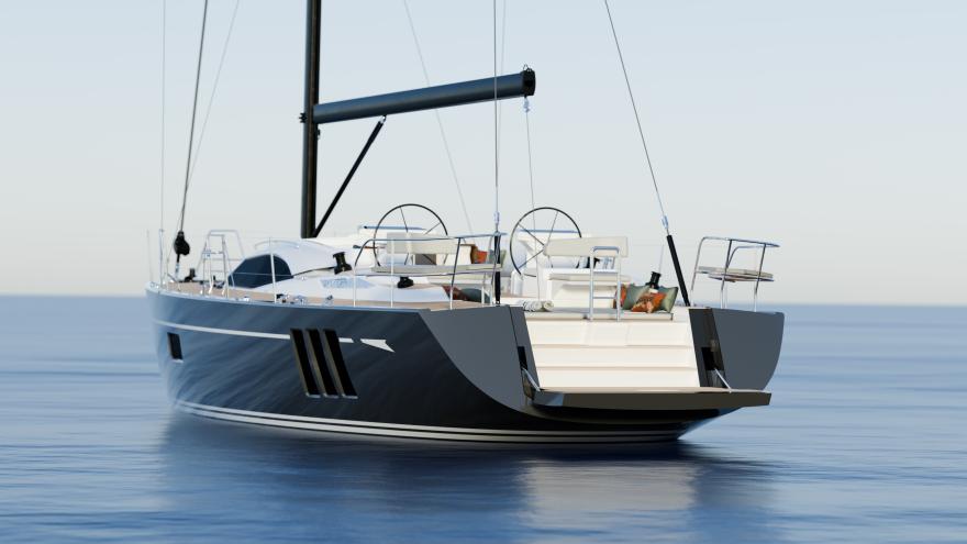 Oyster 515 50 Foot Bluewater Sailing Yacht Navy Hull Rear View Bathing Platform