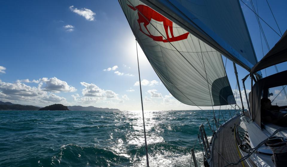 Oyster 595 Jazofi sailing towards Panama spinnaker up