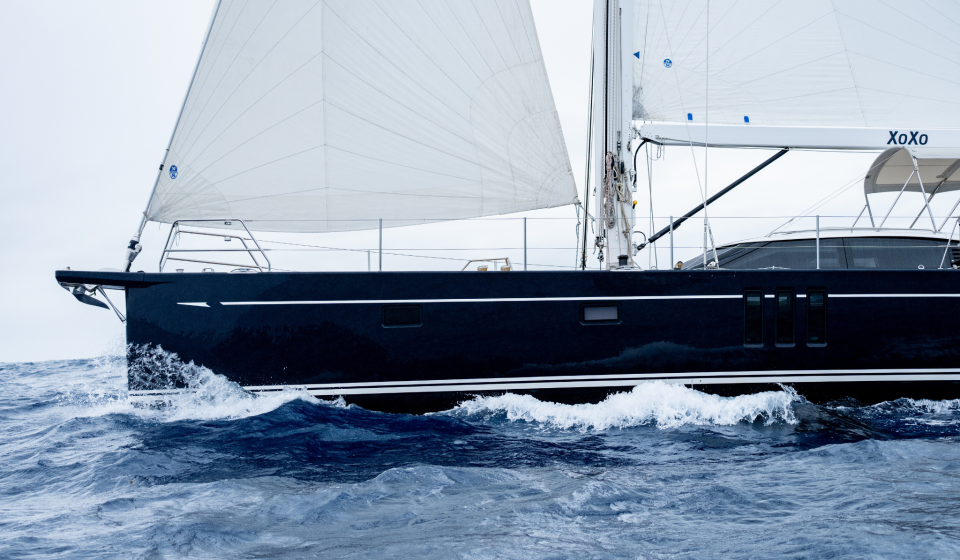 Oyster 595 XOXO sailing on the Oyster World Rally 2026 27 French Polynesia bow