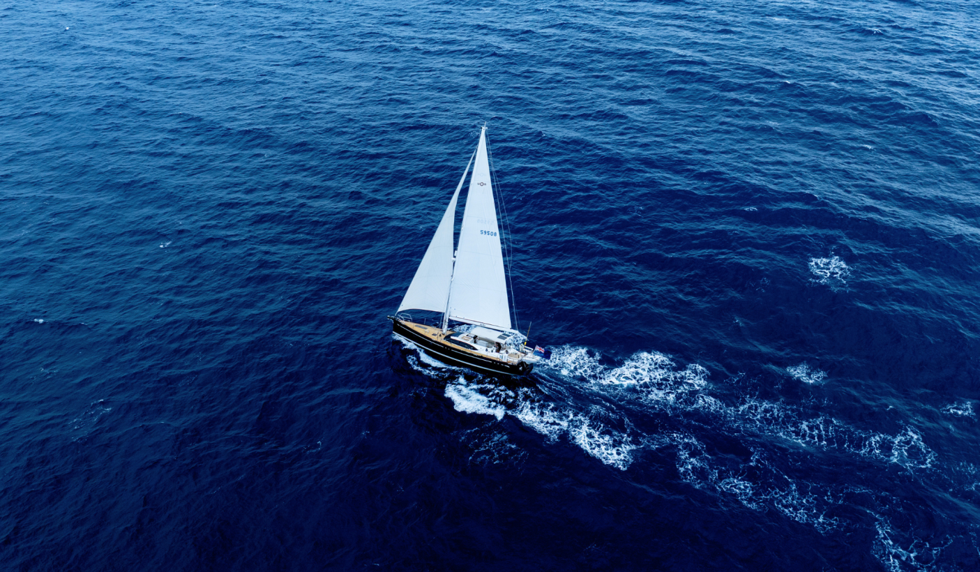 Oyster 595 XOXO sailing on the Oyster World Rally 2026 27 French Polynesia drone