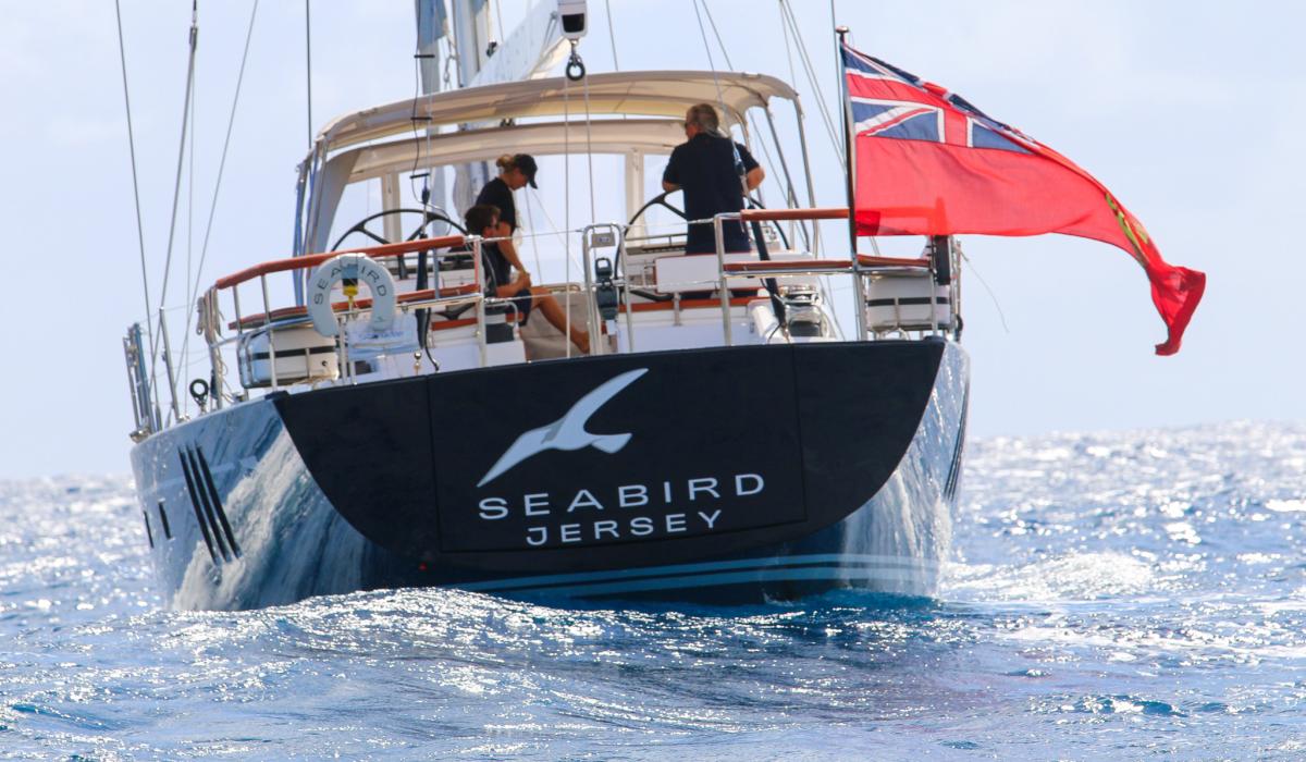 Oyster 675 Seabird Transom Leaving Antigua