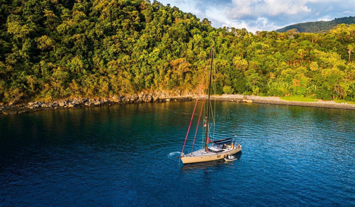 Oyster 725 Intrepid at anchor idyllic cove