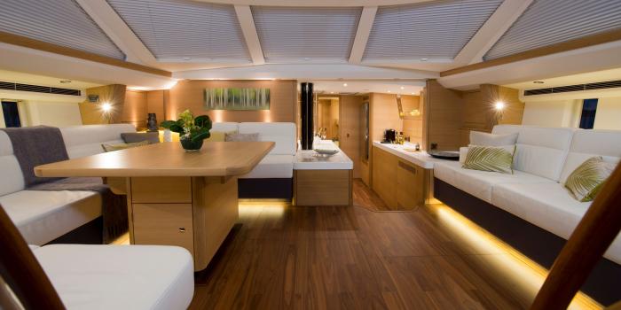 Oyster 725 Saloon facing aft