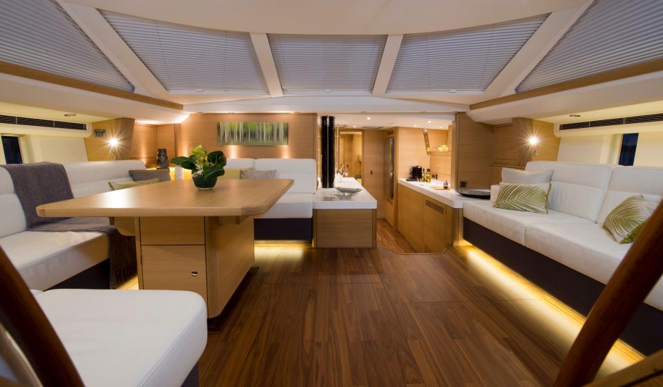 Oyster 725 Saloon facing aft