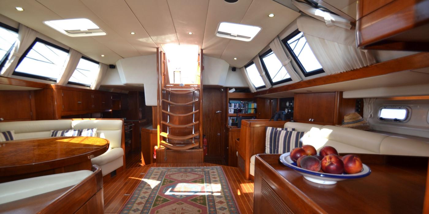 Oyster 80 Saloon facing aft