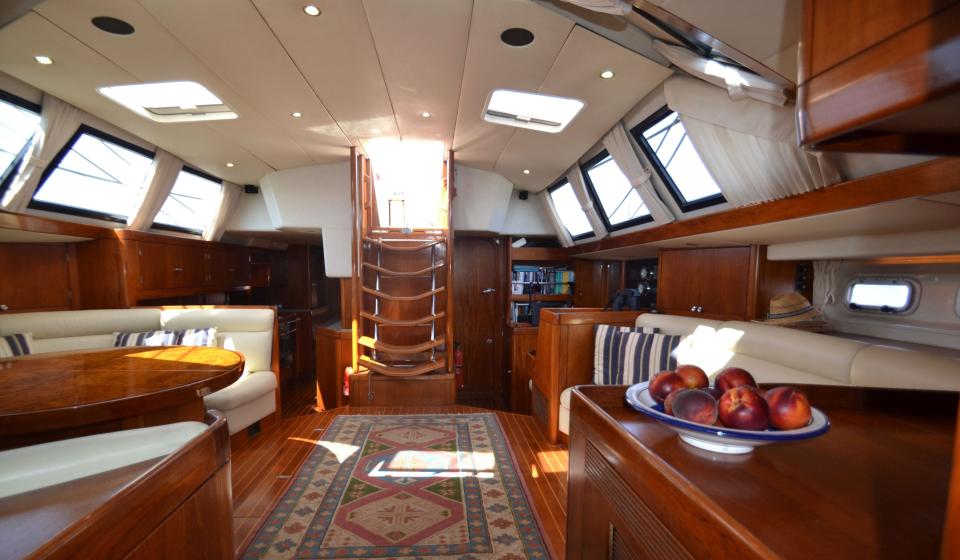 Oyster 80 Saloon facing aft