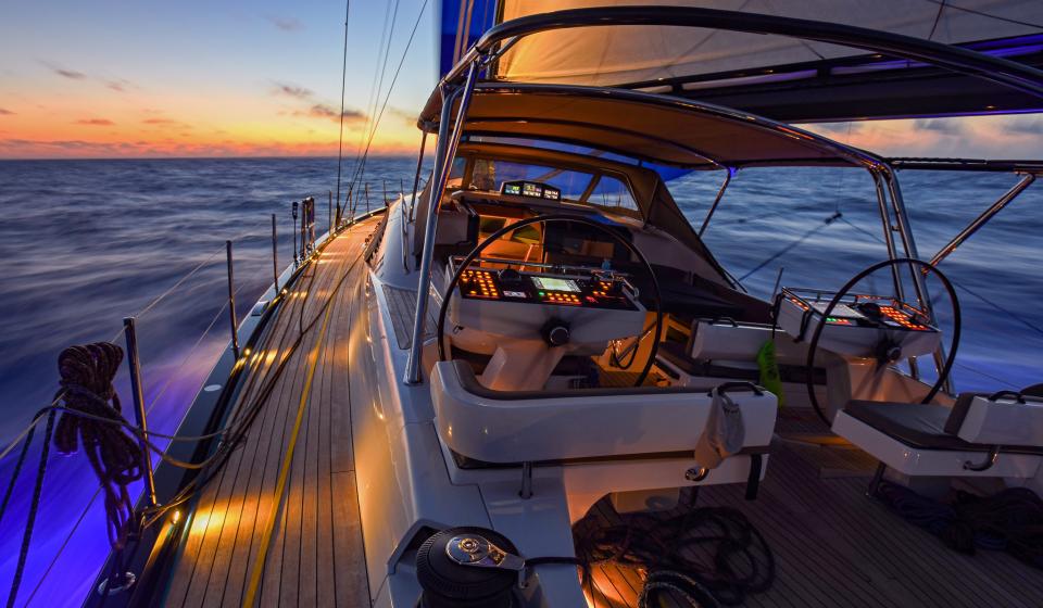 Oyster 885 GT Babiana Pacific Crossing Dusk Lights On