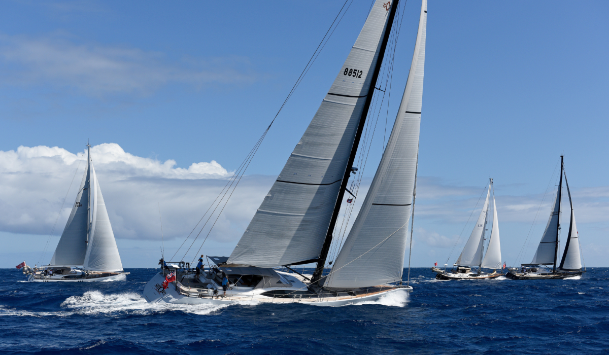 Oyster 885SII Satori II departing Antigua with Oyster World Rally fleet