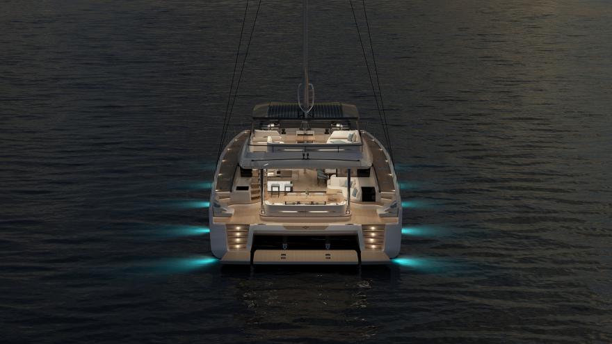 Oyster C60 60 Foot Sailing Catamaran At anchor by night 1 v2