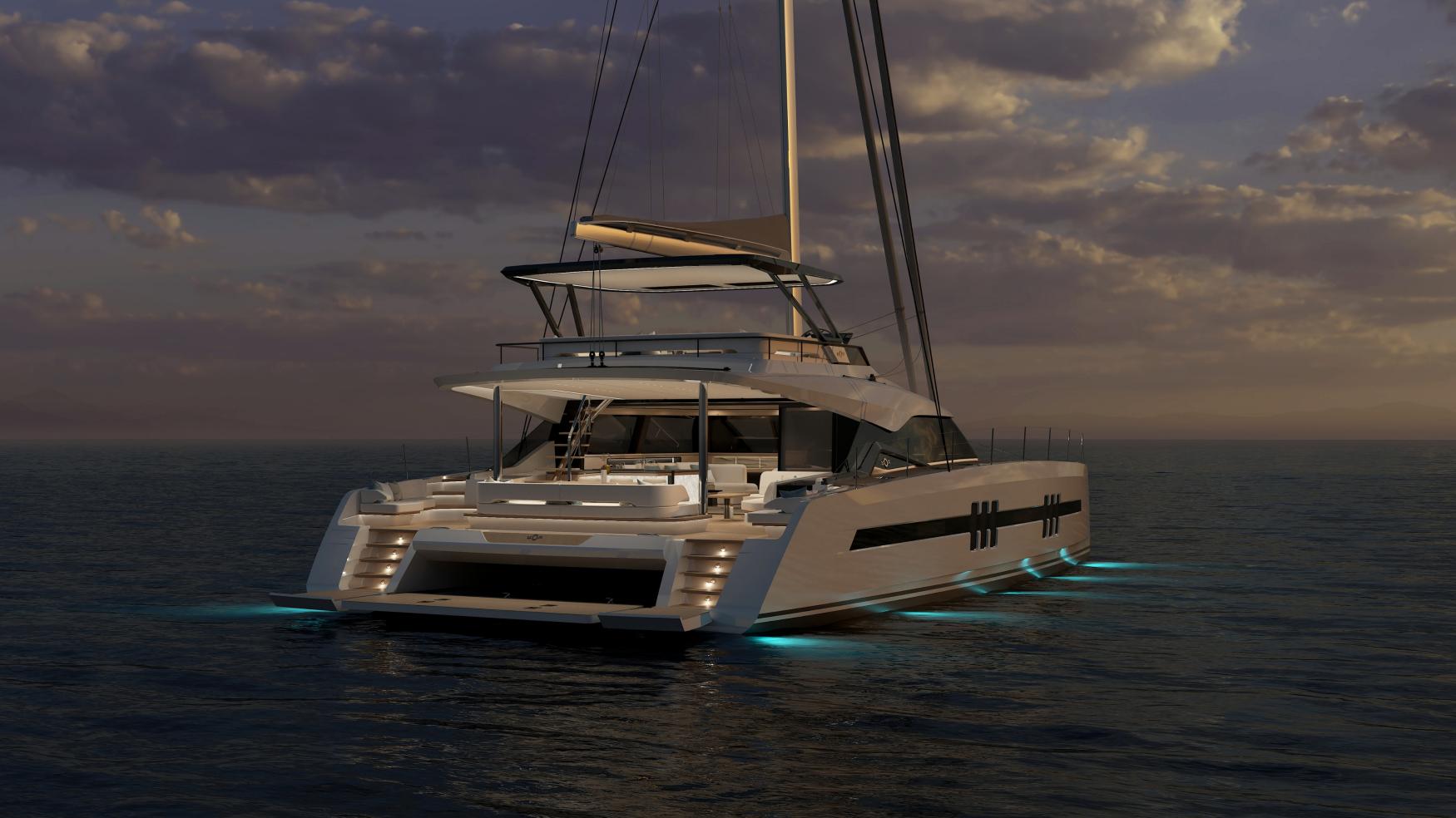 Oyster C60 60 Foot Sailing Catamaran At anchor by night 2 v2