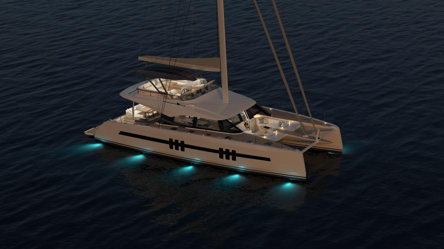 Oyster C60 60 Foot Sailing Catamaran At anchor by night 3 v2