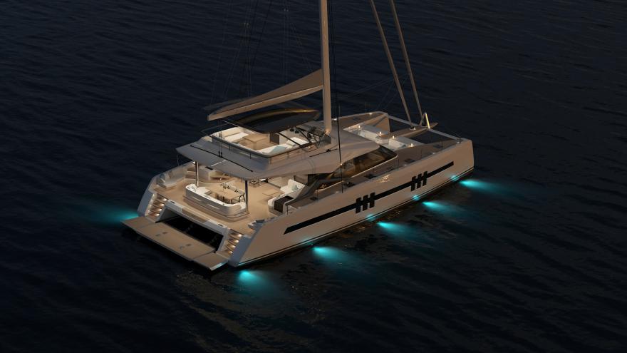 Oyster C60 60 Foot Sailing Catamaran At anchor by night 4 v2
