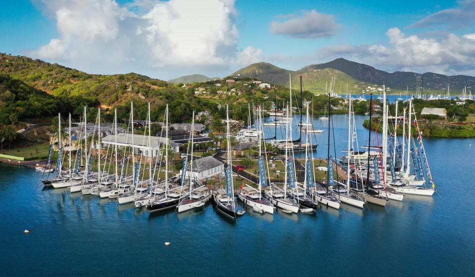 Oyster World Rally 2022 23 fleet at dock in Antigua Caribbean