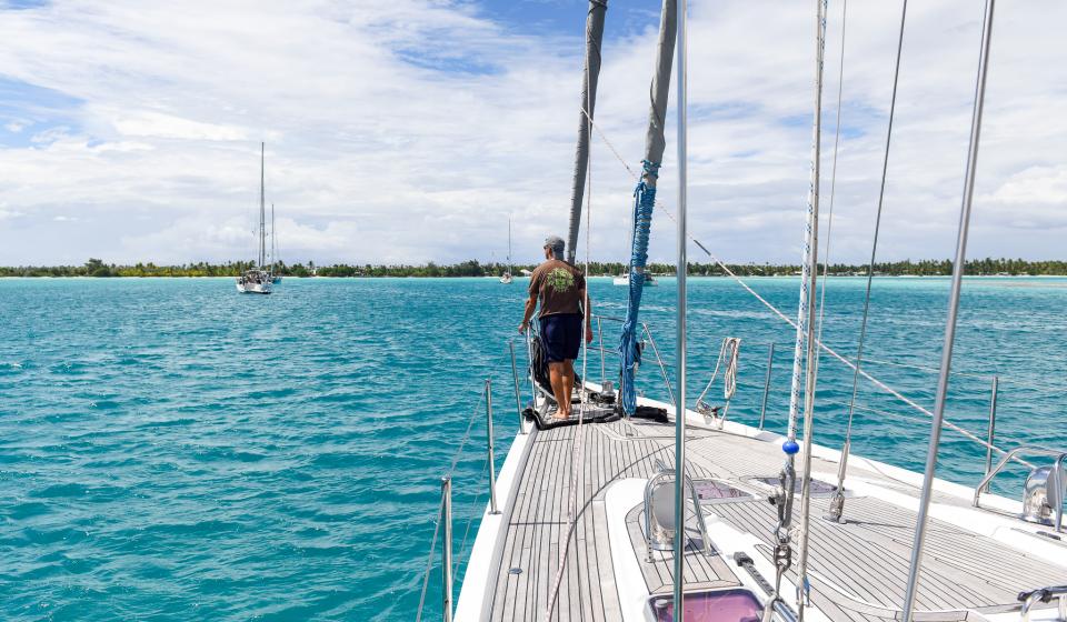 Oyster World Rally 2024 25 fleet arriving in Kauehi Tuamotus French Polynesia