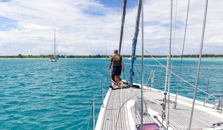 Oyster World Rally 2024 25 fleet arriving in Kauehi Tuamotus French Polynesia