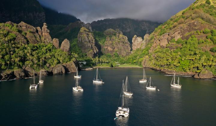 Oyster Yachts Oyster World Rally fleet at anchor Nuku Hiva