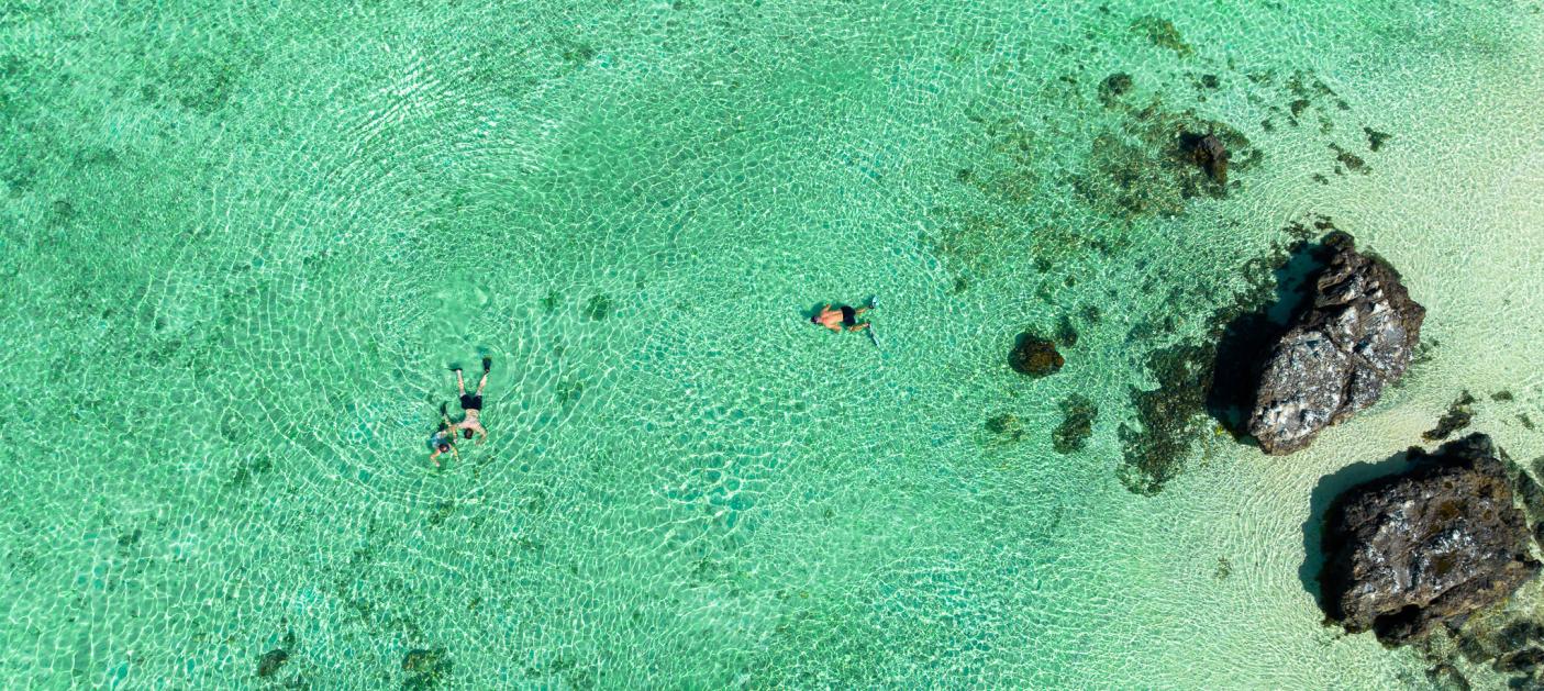 People snorkelling clear waters Fiji