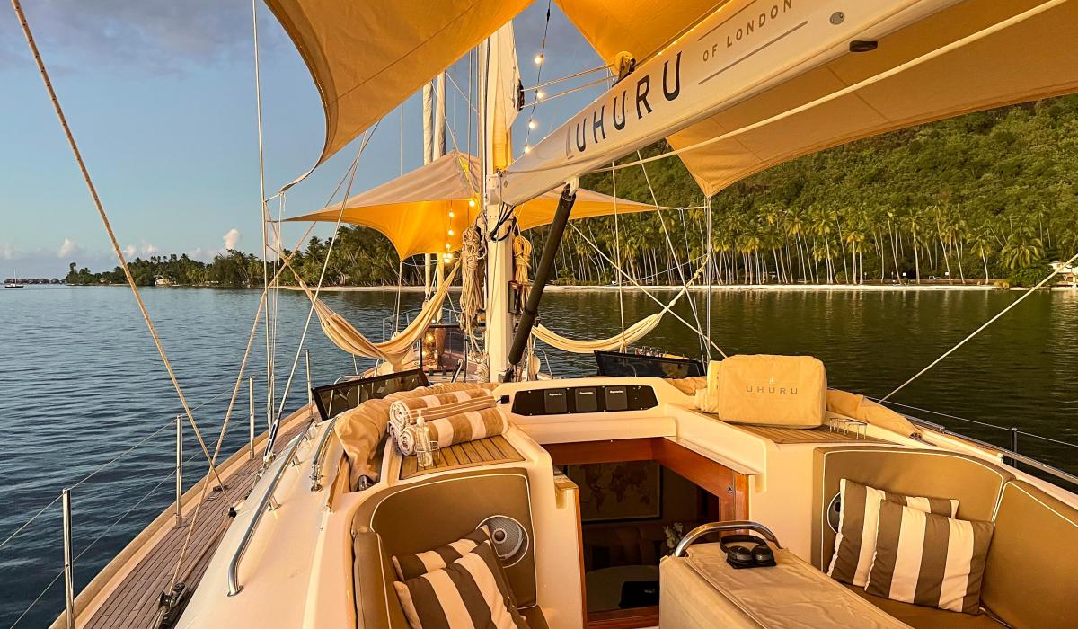 Uhuru Yacht At Night With Fairy Lights