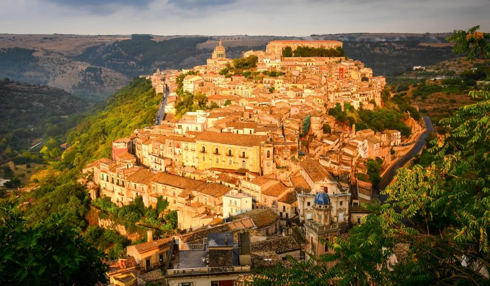 View of beautiful village Ragusa at sunset Sicily