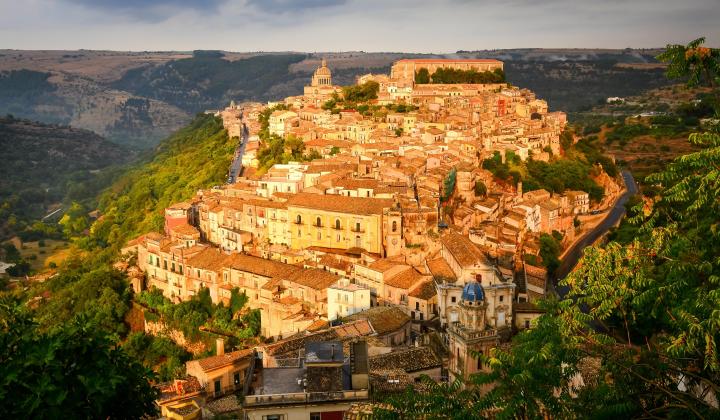 View of beautiful village Ragusa at sunset Sicily