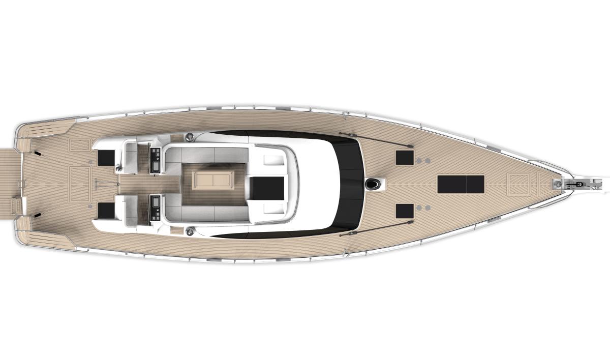 OYSTER 595 DECK PLAN WITH EXTENDED TRANSOM AND SWIM PLATFORM