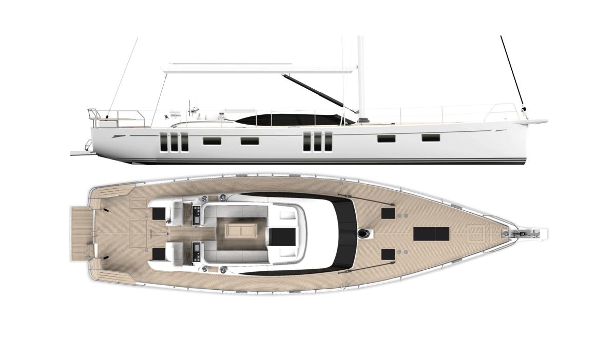 Oyster 595SII Extended Transom Profile and Deck Plan