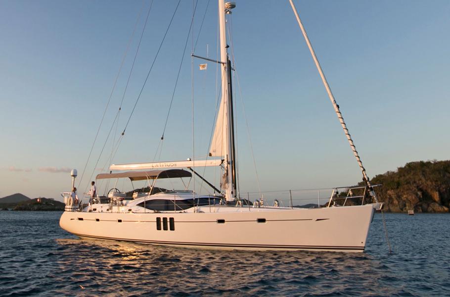 Oyster 625 Latitude Sailing Yacht Charter Anchored Landscape Sunset