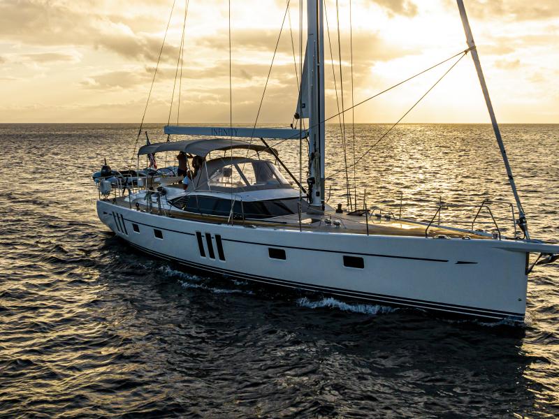 Oyster 565 Luxury Yacht Sailing Fiji Sunset