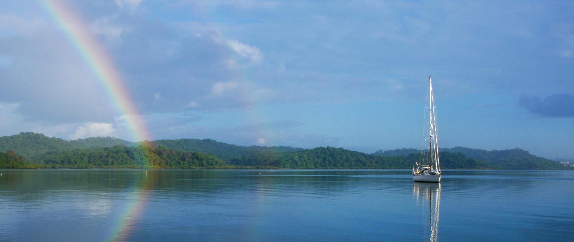 Oyster yacht Romlea at anchor rainbow D