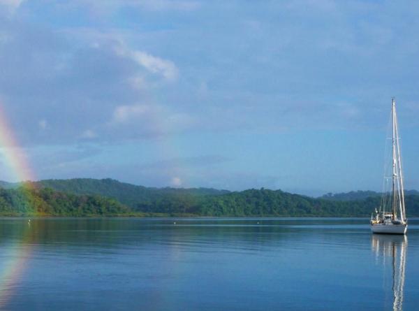 Oyster yacht Romlea at anchor rainbow D