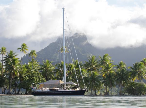 boat at foot of mountain palm trees