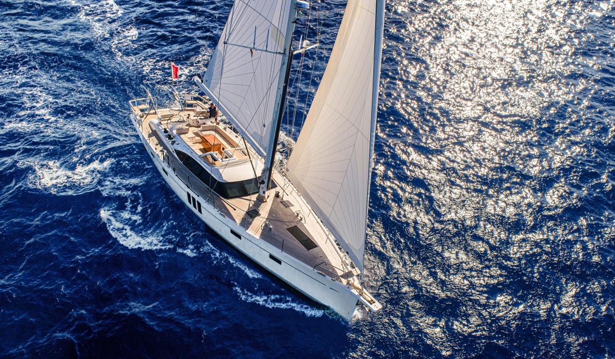  Oyster 595 Series II 60 foot sailing yacht sailing at sea drone