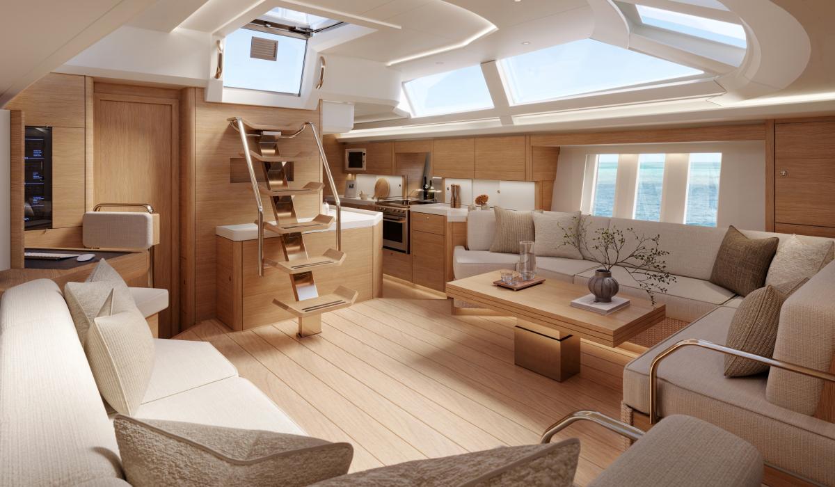 Oyster 595SII 60 foot sailing yacht coffee and oak interior 