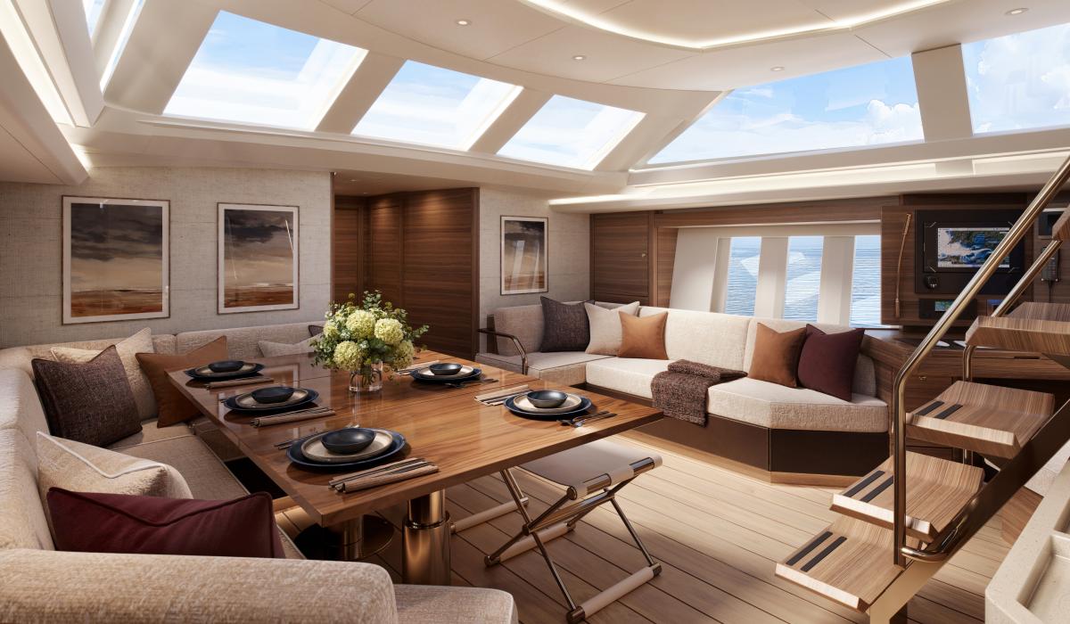 Oyster 595SII 60 foot sailing yacht coffee and walnut interior 2