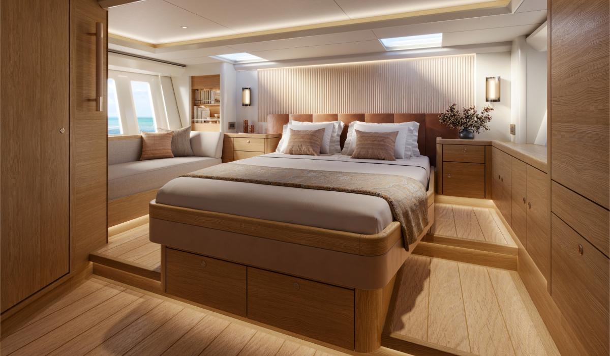 Oyster 595SII 60ft sailing boat interior master cabin oak