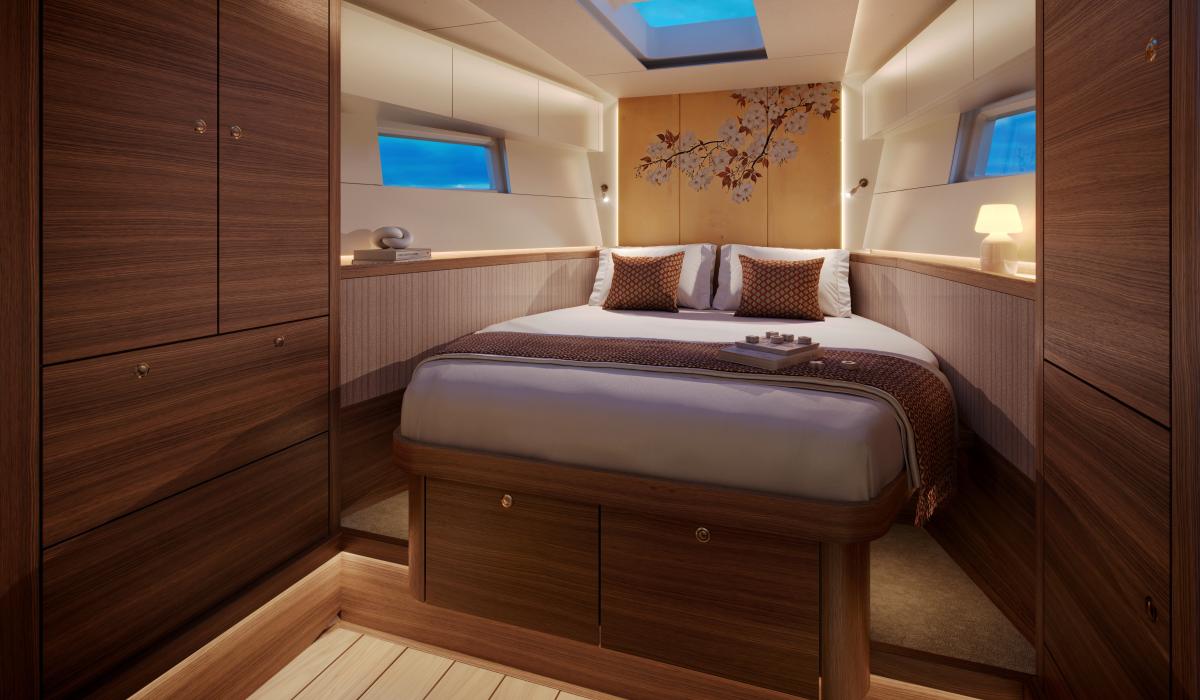 Oyster 595SII 60ft sailing boat interior forward cabin walnut