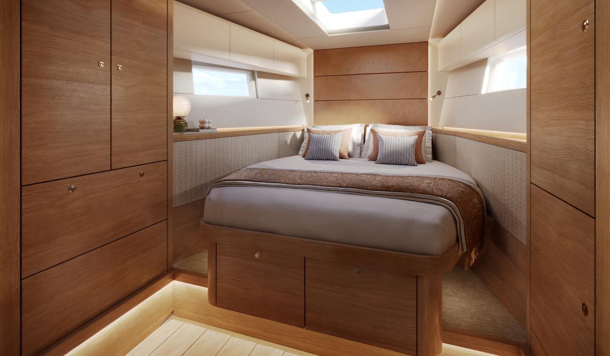 Oyster 595SII 60ft sailing boat interior forward cabin oak